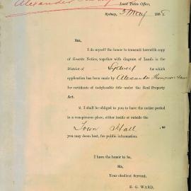 Letter: Registrar General. To notify of application of Certificate of Title by Alexander Thompson 