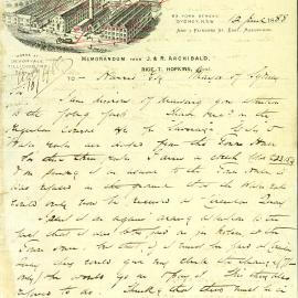 Letter – J&R Archibald reporting overplayed cheque addressed from 69 York Street Sydney, 1888