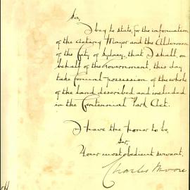 Letter - Government will take possession of land described in Centennial Park Act, 1887
