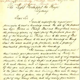 Letter - Permission to erect hoarding around the site of proposed new coffee palace, Bent Street Sydney, 1888
