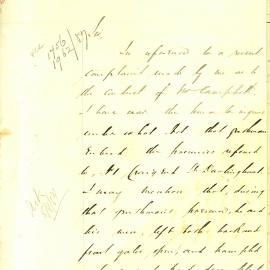 Letter: From the Water Police Office asking under what part of the Act, Mr Campbell and some men 
