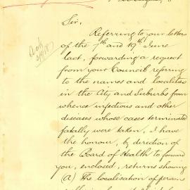 Letter - Board of Health Secretary Edmund Sager on typhoid, measles and scarlet fever cases, 1888