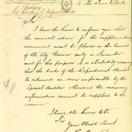 Memorandum: City Building Surveyor requesting the urgent return from the Special Auditor of the books of 