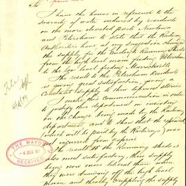 Memorandum - City Engineer responding to scarcity of water to Newtown and Petersham, 1887