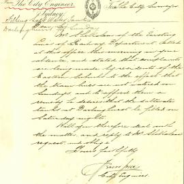 Memorandum: City Engineer to City Surveyor requesting, following complaints by Eastern Suburbs residents 