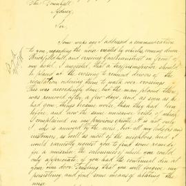 Letter - Complaint about noise from vehicles from Brickfield Hill, 1888