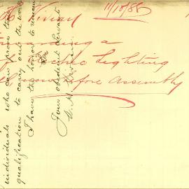 Letter - Concern about the electric lighting bill for City of Sydney, 1888