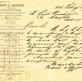Letter: Frost & Shipham, Electricians, 474 George St., submit a tender of £18 to maintain the Town 