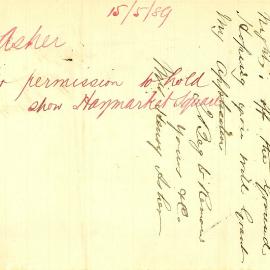 Letter - Request permission for sideshow, Haymarket Reserve, 1889