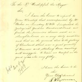 Memorandum - Dirty condition of Zoological Gardens used as slaughterhouse, Randwick, 1889