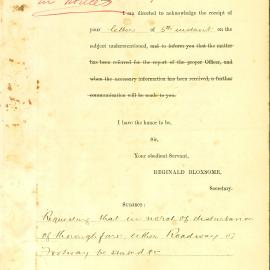 Letter: Reginald Bloxsome, Secretary, Water Supply and Sewerage Department, informs the TC that the 