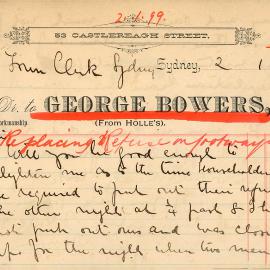 Letter - Prevention of bins on street, George Bowers, Tailor, 53 Castlereagh Street Sydney, 1899