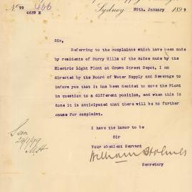 Letter - Water Board moves electric light plant after noise complaints, Crown Street Surry Hills, 1899 