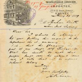 Letter - M.R. Cooper, Wholesale Grocer, repairs to flagging at 107 George Street West Sydney, 1899