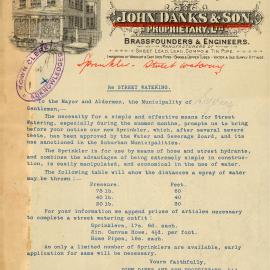 Letter: John Danks & Son submitting details of their new sprinkler which they recommend for street 