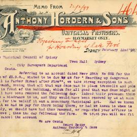 Letter - Anthony Hordern & Sons objecting to account, 'hoarding up dangerous wall after fire', 1899