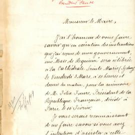 Letter: Consul General of France requesting the Mayor to attend the Requiem Mass at St Marys 