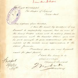 Letter - Request for repair of roads near showground for Agricultural Society show, 1899