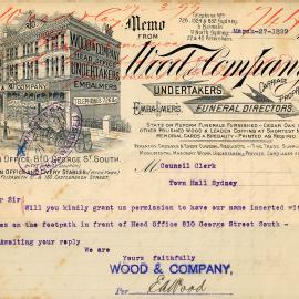 Letter - Request to insert name of funeral home in tiles, George Street Sydney, 1899