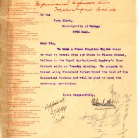 Letter - Request to transport Steam Traction Engine from Redfern to showgrounds, 1899
