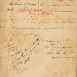 Memorandum: George Baker, Inspector of Nuisances, reporting that John Foran No.229, a labourer in his 