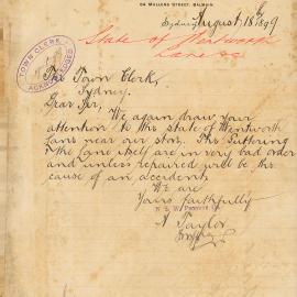Letter: A Taylor, NSW Produce Co, 244-248 Sussex St to TC. Again draw attention ot state of 