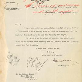 Letter: The Office of the Railway Commissioners acknowledges receipt of the letter in regard to 