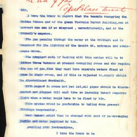Memorandum - Coffee Palace in Queen Victoria Markets using gas, 1899  