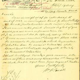 Letter - Australian Coffee Palace Co Ltd, rate details for land at Bent and Phillip Streets Sydney, 1889