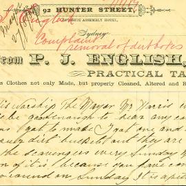 Letter - Scavengers taking buckets, P. J. English, Practical Tailor 92 Hunter Street Sydney, 1889