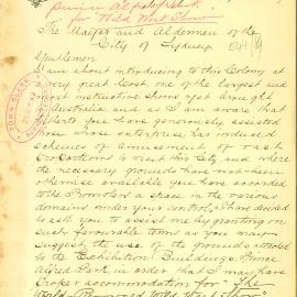 Letter - Request for use of the Exhibition Building grounds for Wild West Show, 1889