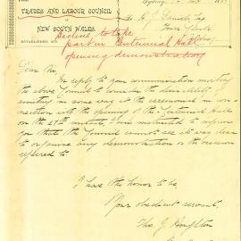 Letter: The Trades and Labour Council of New South Wales decline the invitation to take part in the 