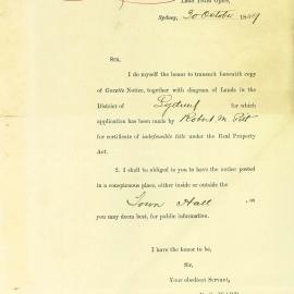 Letter: The Land Titles Office provides a Gazette Notice for an application for title made by 