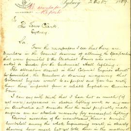 Letter - Altering of specifications for Centennial Hall lighting, Sydney Town Hall, 1889