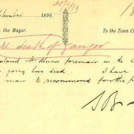 Memorandum: The Mayor reporting the death of Mr Alum, foreman in the city, and advising he can 