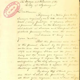 Letter: S Hordern at the Palace Emporium in Haymarket, discusses the Council request to remove the 