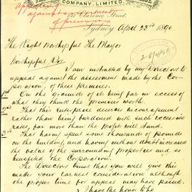 Letter - Grand Central Coffee Palace appeals against assessment, Clarence Street Sydney, 1890