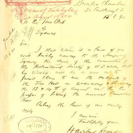 Letter: Haviland Reynolds, Secretary, Horticultural Society of NSW. For use of vestibule of Town 