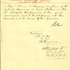 Memorandum: R Seymour, Inspector of Nuisances, reports that Messrs Bruce and Massey complain about the 