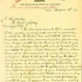 Letter - Request to use Sydney Town Hall for meeting with address by Sir Henry Parkes, 1890