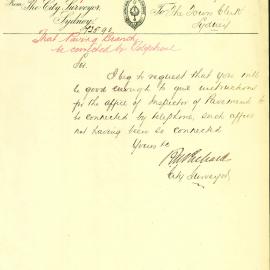 Memorandum: City Surveyor requesting that instructions be given for the office of the Inspector of 