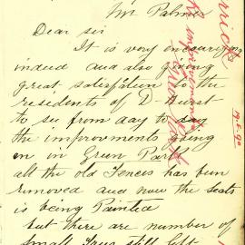 Letter - Response to Council's improvements to Green Park Darlinghurst, 1890