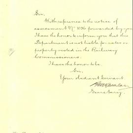 Letter: Government Railways of New South Wales advising that they are not liable for rates on 