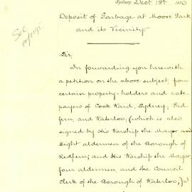 Letter - Petition against the depositing of garbage at Moore Park, 1890