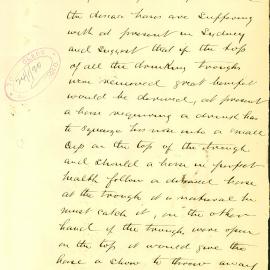 Letter - Suggestion that the horse drinking troughs should be open, not closed, 1891