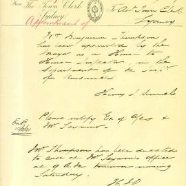 Memorandum: Town Clerk advising that W Benjamin Thompson has been appointed by the Mayor to the Inspector 
