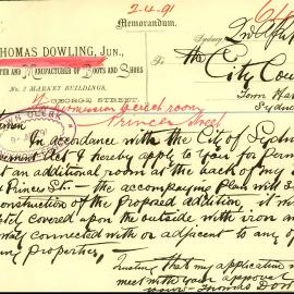 Letter - Thomas Dowling, Manufacturer of Boots and Shoes, extension for 164 Princes Street Sydney, 1891 