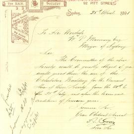 Letter - Use of the Exhibition Building for Annual NSW Poultry, Pigeon, Canary, Dog Society, 1891