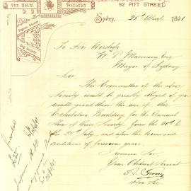 Letter - Use of the Exhibition Building for Annual NSW Poultry, Pigeon, Canary, Dog Society, 1891