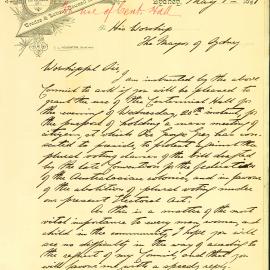 Letter - Request to use Centennial Hall for protest against clauses of bill for Federation, 1891